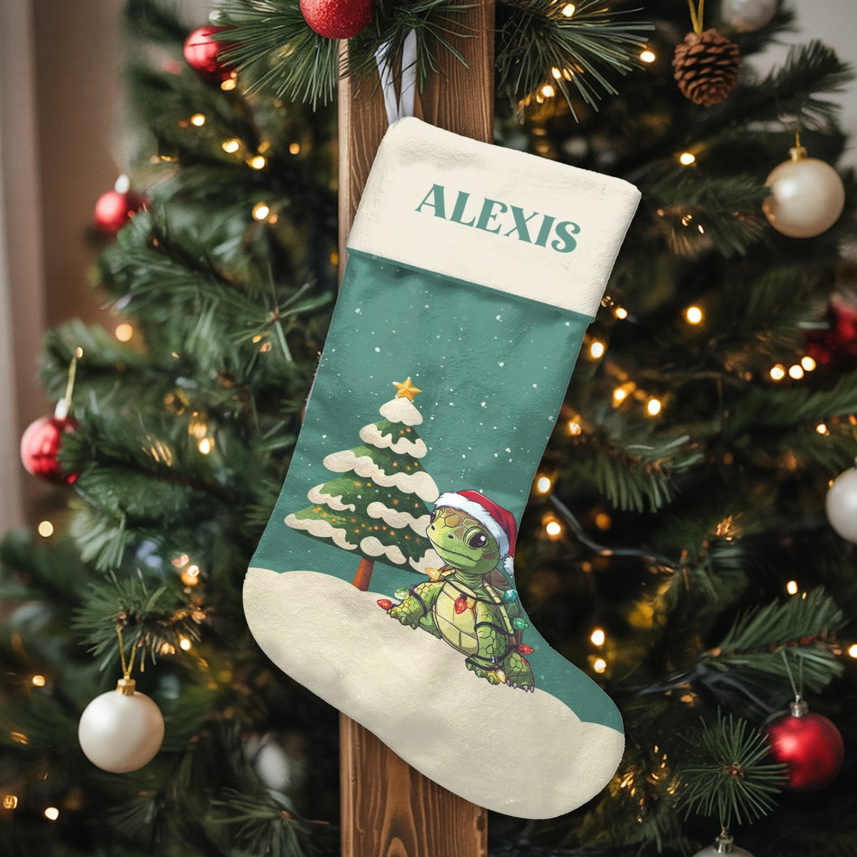Adorable Santa Hat Tortoise Stocking, Personalized Turtle Christmas Stocking, Custom Name Holiday Stocking, Ocean Animal Kids