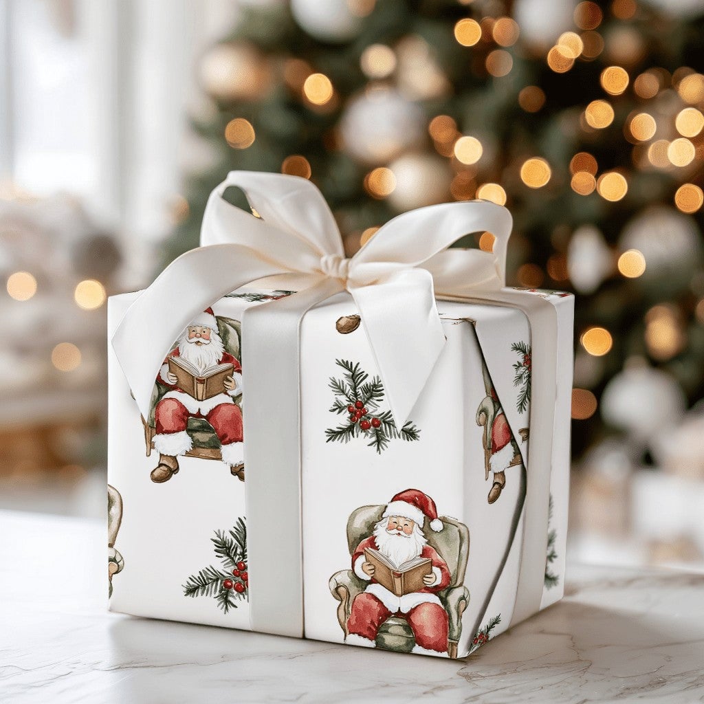 Comfy Bookish Christmas Gift Wrap, Reading Santa Claus Wrapping Paper, Watercolor Santa Present Wrap, Nostalgic Holiday Packa