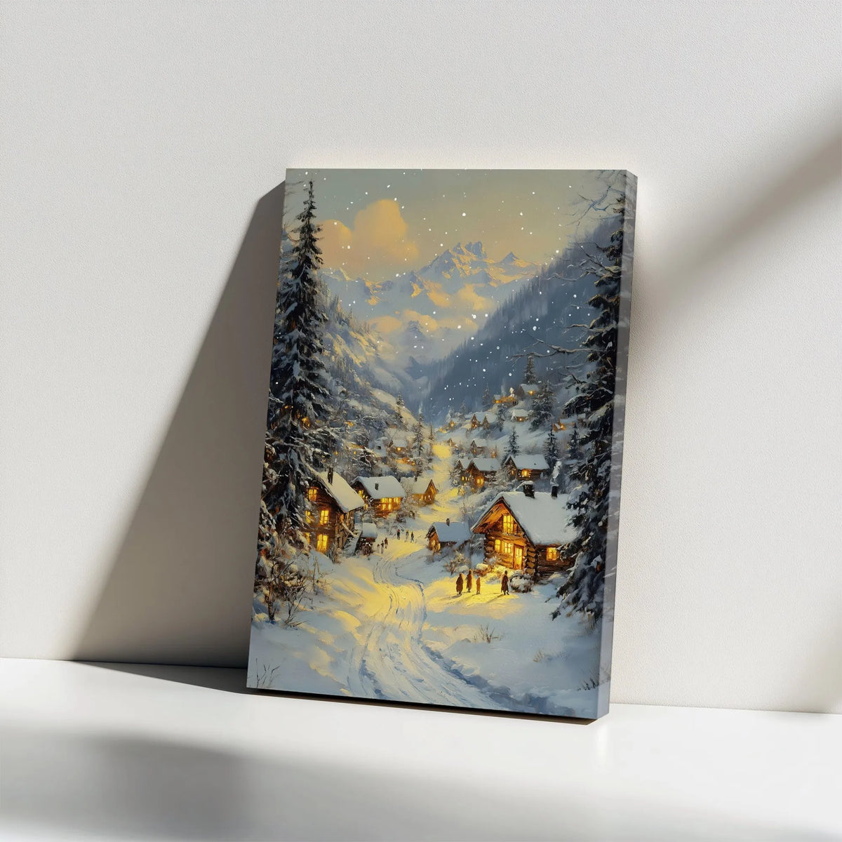 Comfy Winter Cabin Evening Oil Painting Print, Snowy Mountain Village Canvas Wall Art, Alpine Village Christmas Poster, Digit