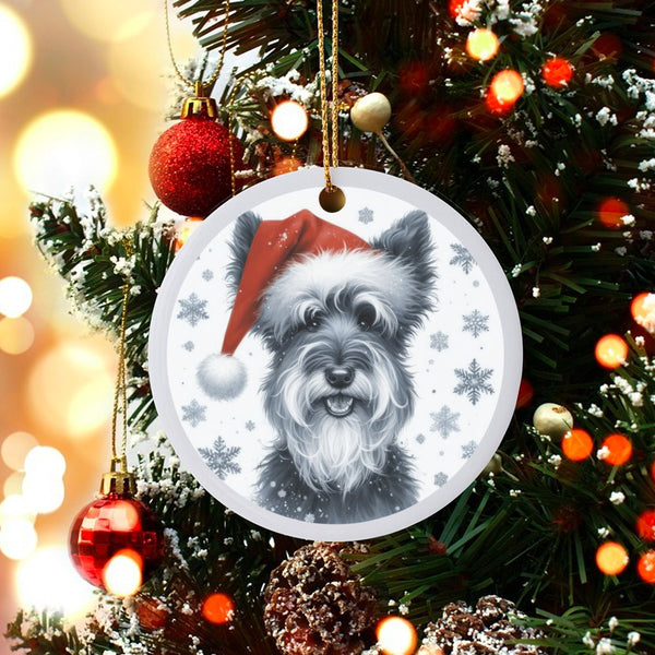 Dog Holiday Tree Decor, Schnauzer Santa Hat Christmas Ornament, Ceramic Puppy Keepsake, Personalized Pet Lover Xmas Tree Deco