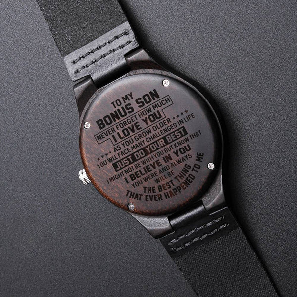 Stepson Sandalwood Watch, Bonus Son Engraved Wooden Watch, Bonus Son Leather Strap Watch, Birthday Keepsake, Christmas Presen