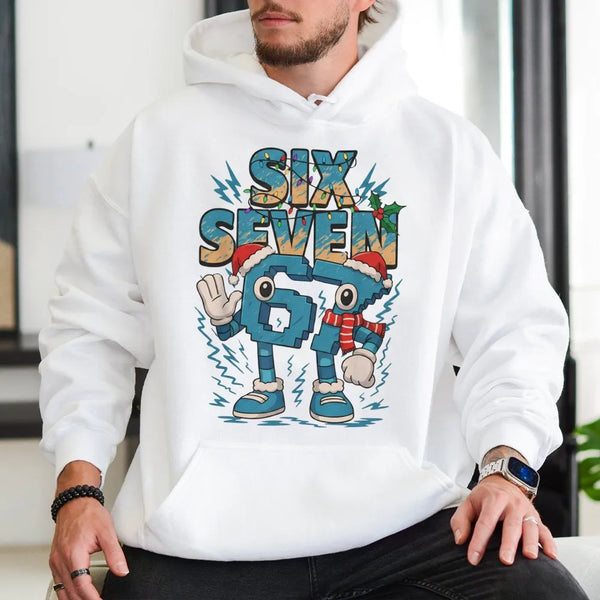 Humorous Brainrot Meme Sweatshirt, Six Seven Christmas Hoodie, Gen Z Holiday Hooded Pullover, Viral Xmas Graphic Hoodie, Teen