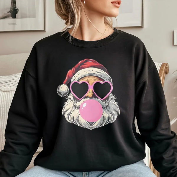 Bubble Gum Santa Sweater, Cool Santa Sweatshirt, Heart Sunglasses Santa Crewneck Sweatshirt, Retro Christmas Santa Holiday Pu