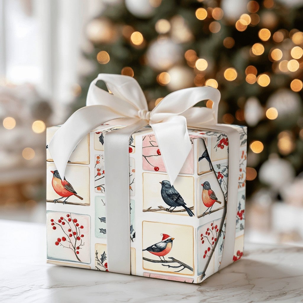 Watercolor Holiday Gift Wrap, Winter Bird Christmas Wrapping Paper, Festive Bird Tile Wrapping Paper, Nature Lover Xmas Wrapp