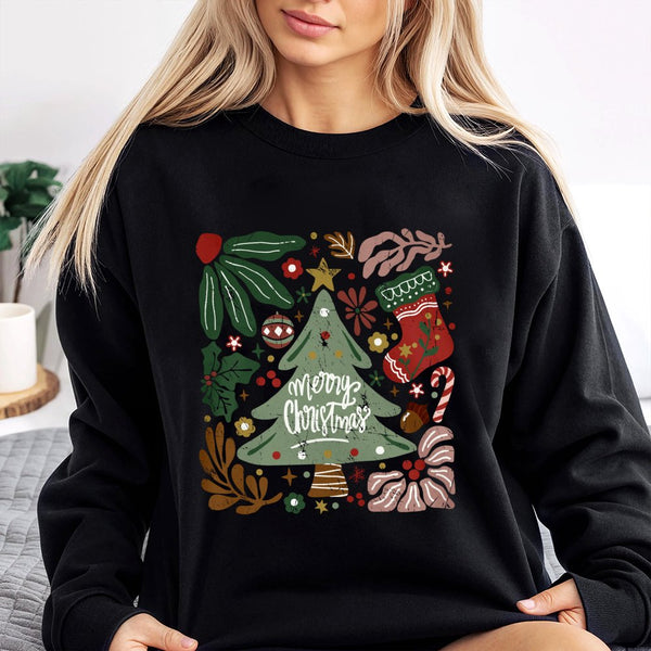 Retro Botanical Floral Tree Crewneck, Merry Christmas Floral Sweatshirt, Vintage Floral Holiday Pullover, Festive Winter Grap