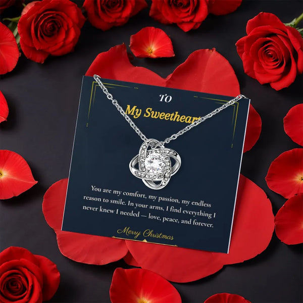 Sparkling CZ Crystal Pendant, Love Knot Necklace for Wife, White or Yellow Gold Finish Jewelry, Romantic Christmas Sweetheart