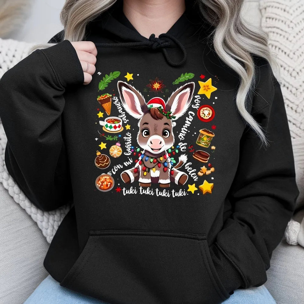 Adorable Villancico Christmas Donkey Sweatshirt, Mi Burrito Sabanero Hoodie, Spanish Latino Holiday Graphic Pullover, Hispani