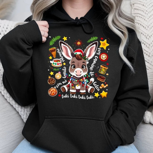 Adorable Villancico Christmas Donkey Sweatshirt, Mi Burrito Sabanero Hoodie, Spanish Latino Holiday Graphic Pullover, Hispani