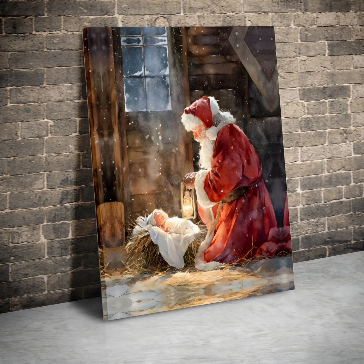 Baby Jesus Manger Scene Canvas, Santa Kneeling at Nativity Canvas Art, Religious Christmas Wall Art, Christian Holiday Canvas