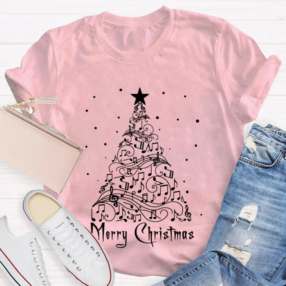 Sheet Music Holiday Tree T-Shirt, Music Teacher Christmas Shirt, Musical Notes Graphic Tee, Choir Director Christmas Present 