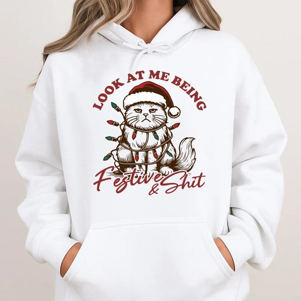 Sarcastic Kitten Holiday Hoodie, Humorous Grumpy Cat Christmas Hoodie, Adorable Cat Lover Xmas Hoodie, Winter Animal Graphic 