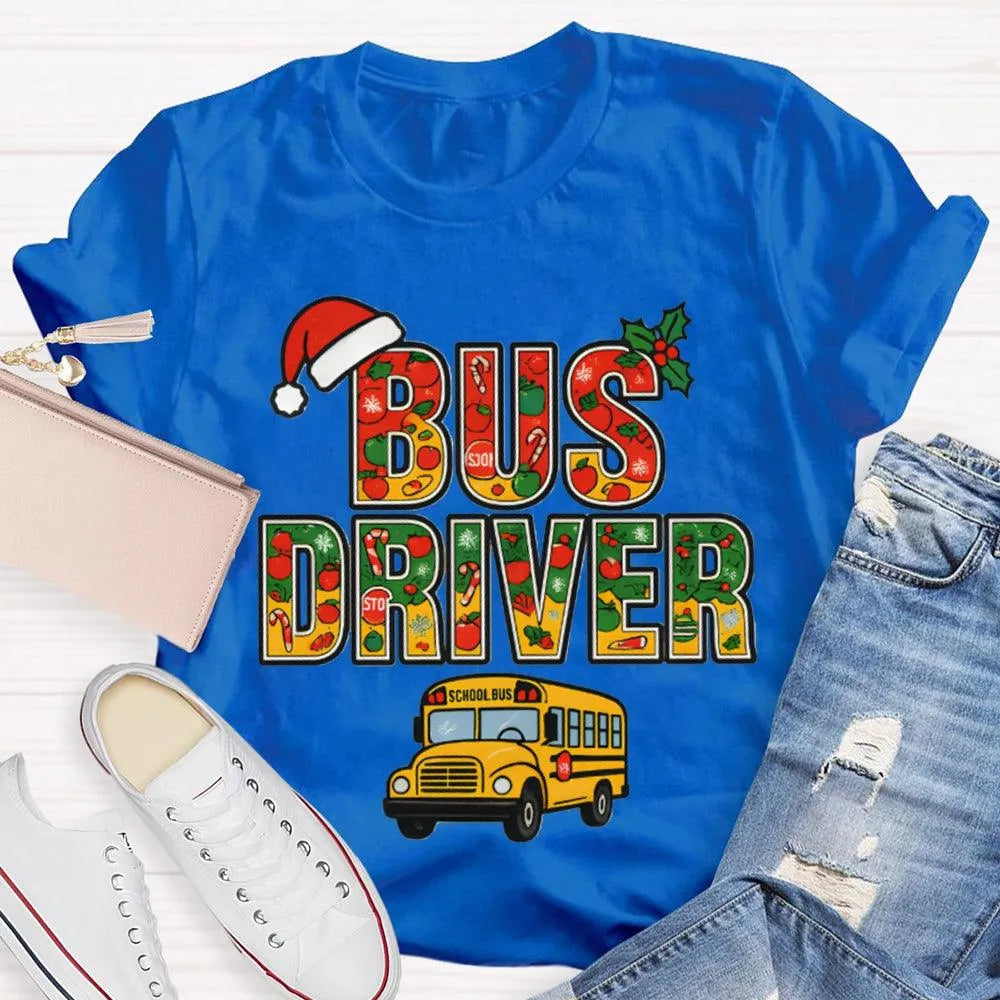 Santa Hat Bus Driver Graphic Tee, School Bus Driver Christmas T-Shirt, Humorous Holiday Driver Shirt, Transportation Staff Xm