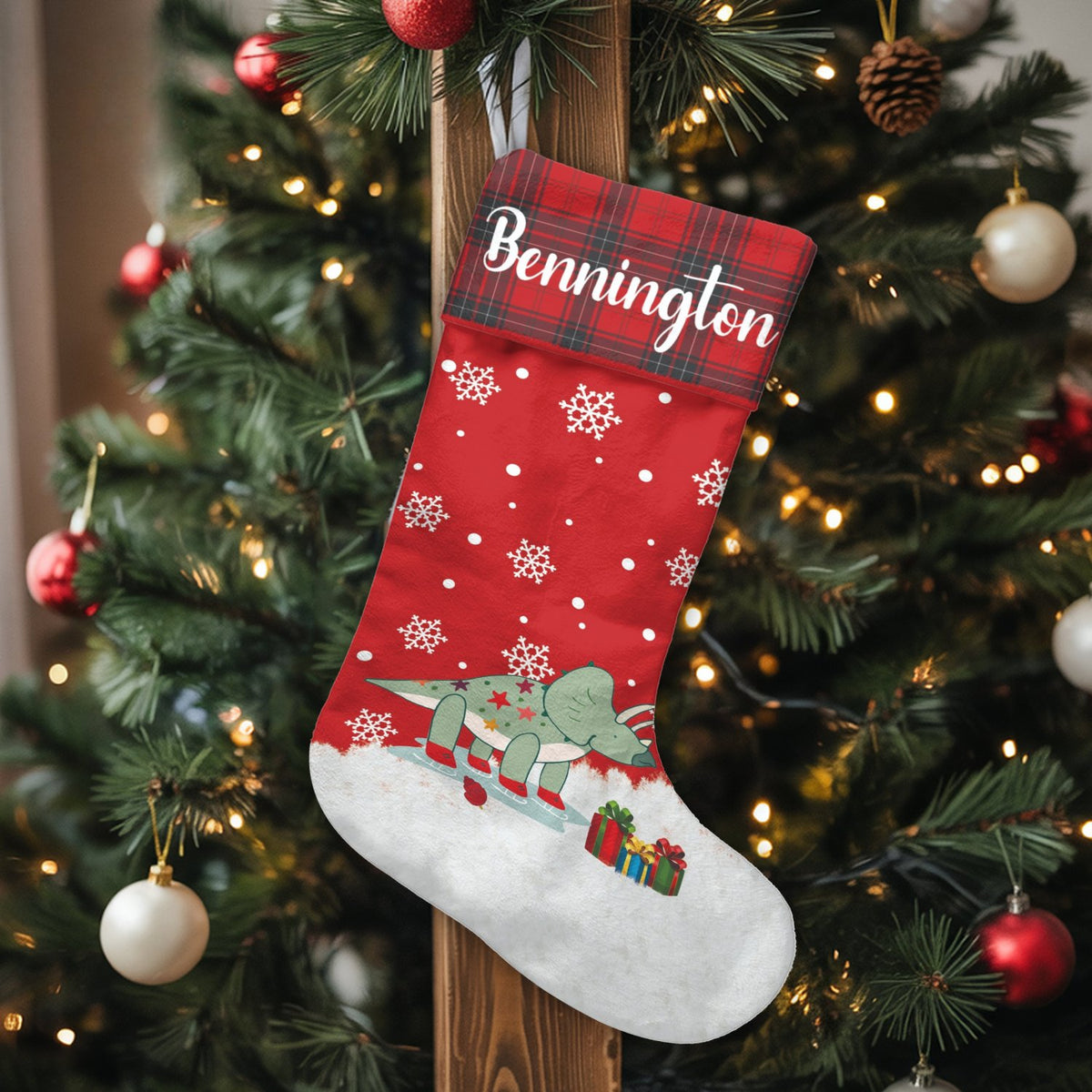 Custom Dino Christmas Stocking, Personalized Ice Skating Dinosaur Christmas Stocking, Adorable Winter Holiday Stocking, Kids 