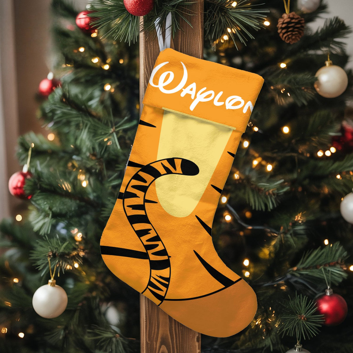 Custom Name Kids Holiday Stocking, Personalized Tiger Christmas Stocking, Velboa Animal Xmas Stocking, Fireplace Mantel Decor