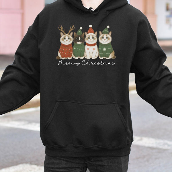 Adorable Cats in Sweaters Graphic Pullover, Meowy Christmas Cat Hoodie, Humorous Holiday Kitten Hooded Sweatshirt, Comfy Cat 