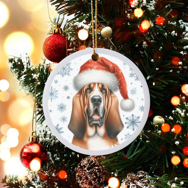 Santa Hat Dog Ceramic Ornament, Basset Hound Christmas Ornament, Adorable Puppy Holiday Ornament, Xmas Tree Pet Decor, Dog Lo
