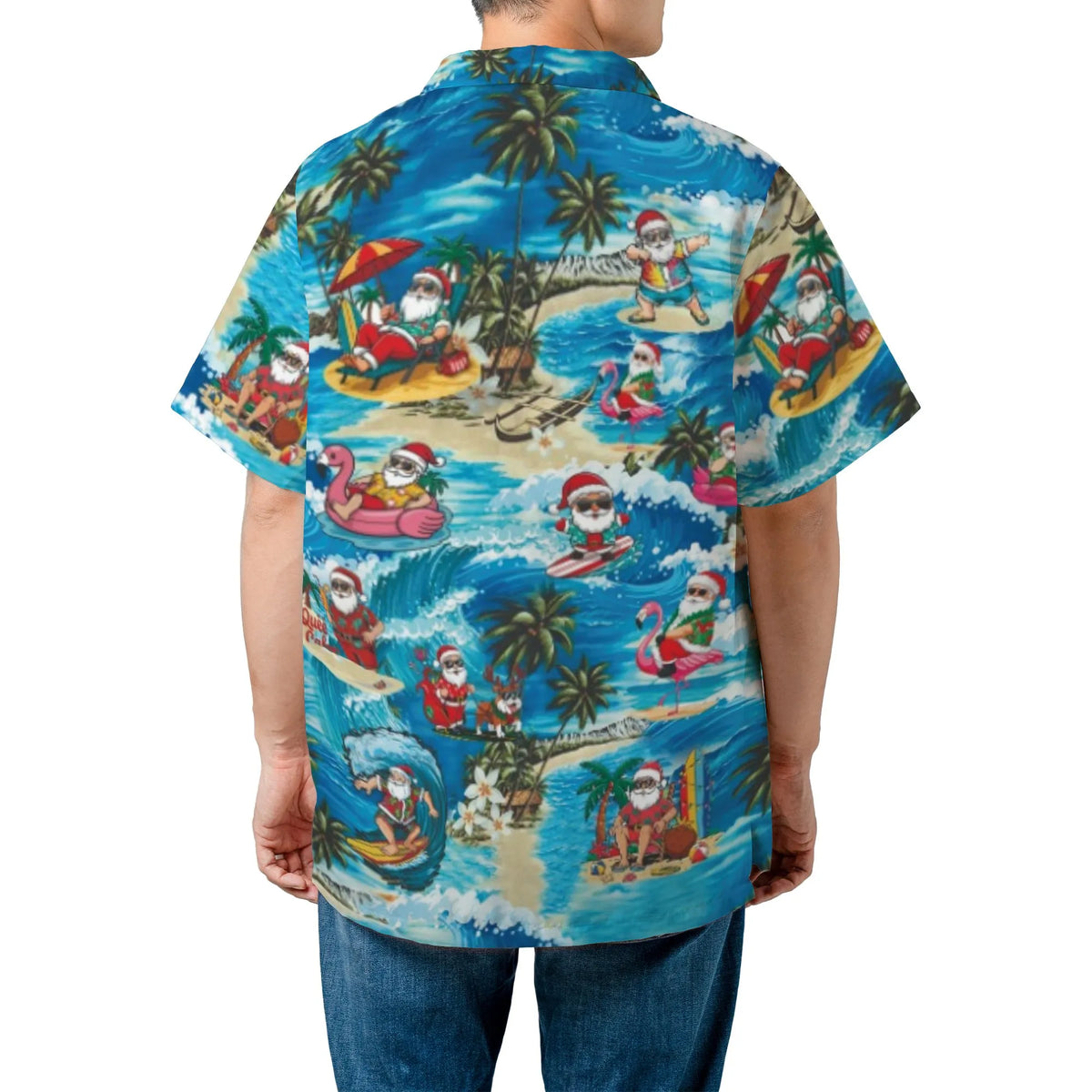 Tropical Christmas Aloha Shirt, Surfing Santa Hawaiian Shirt, Santa Claus Holiday Button Up Shirt, Humorous Beach Christmas S