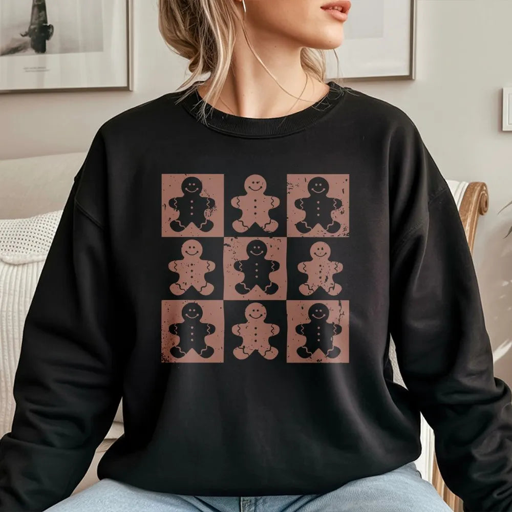 Retro Christmas Cookie Sweatshirt, Checkered Gingerbread Man Sweatshirt, Adorable Holiday Crewneck, Vintage Winter Pullover S