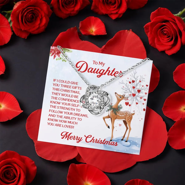 Holiday Deer Message Card Love Knot Pendant, Daughter Christmas Love Knot Necklace, Winter CZ Knot Necklace, Holiday Present 