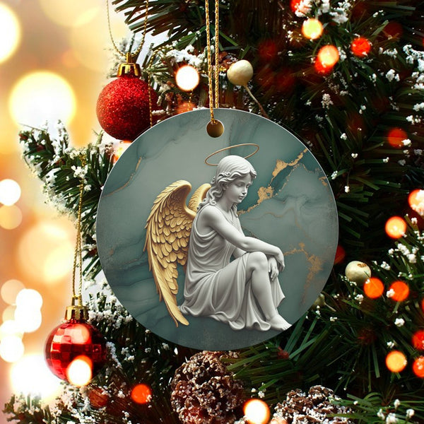 Gold Wing Halo Marble Ornament, Sitting Angel Ceramic Ornament, Religious Christmas Tree Decor, Christian Holiday Keepsake Pr