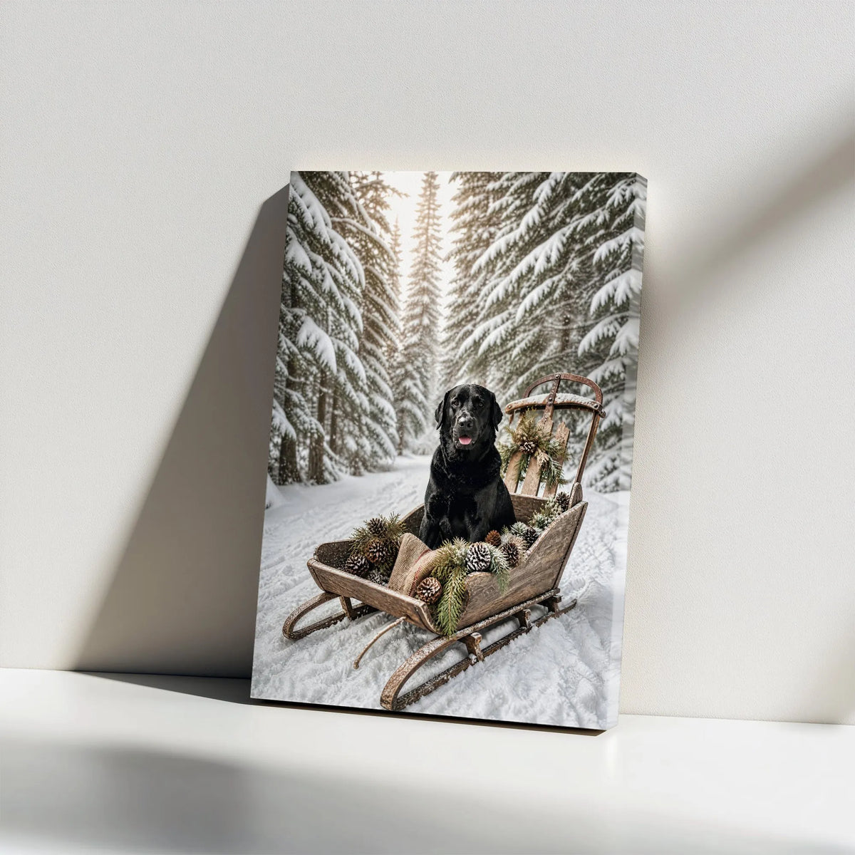 Snowy Forest Dog Portrait Print, Black Lab Winter Sled Canvas, Rustic Holiday Wall Canvas, Christmas Labrador Canvas Art, Dog