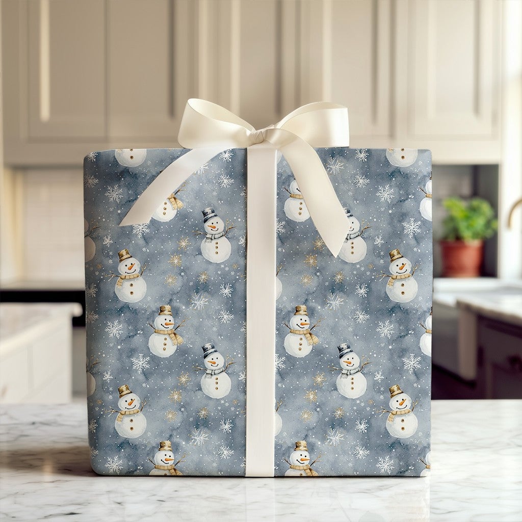 Gold Snowflake Gift Wrap, Watercolor Snowman Wrapping Paper, Dusky Blue Christmas Wrapping Paper, Winter Holiday Gift Wrap, X