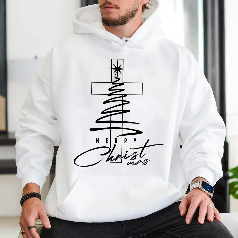 Christian Christmas Tree Hoodie, Merry Christmas Cross Hoodie, Religious Faith Holiday Hoodie, Winter Pullover Sweatshirt, Fa
