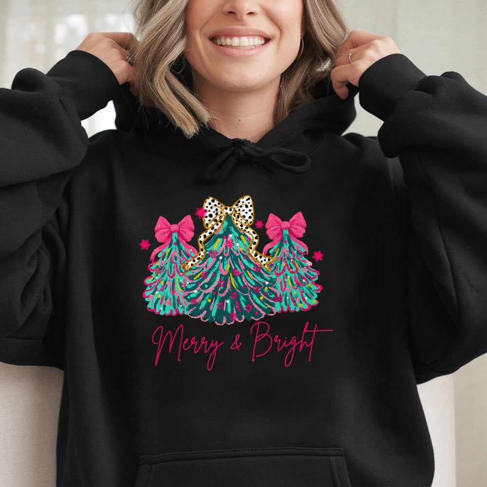 Adorable Tree with Pink Bows Graphic Sweatshirt, Merry & Bright Christmas Hoodie, Girly Holiday Pullover Hoodie, Festive Wint