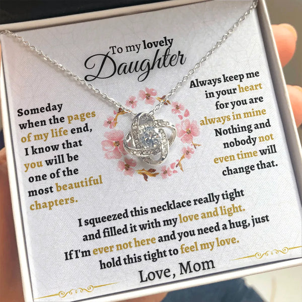 Cubic Zirconia Knot Pendant Necklace, To My Daughter Love Knot Necklace, White Gold Finish Knot Necklace from Mom, Daughter C