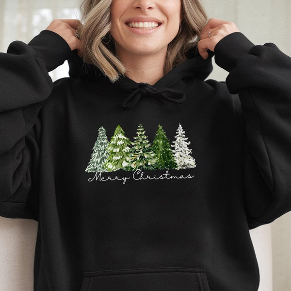 Comfy Botanical Holiday Tree Pullover, Watercolor Christmas Tree Hoodie, Merry Christmas Graphic Hooded Sweatshirt, Festive W