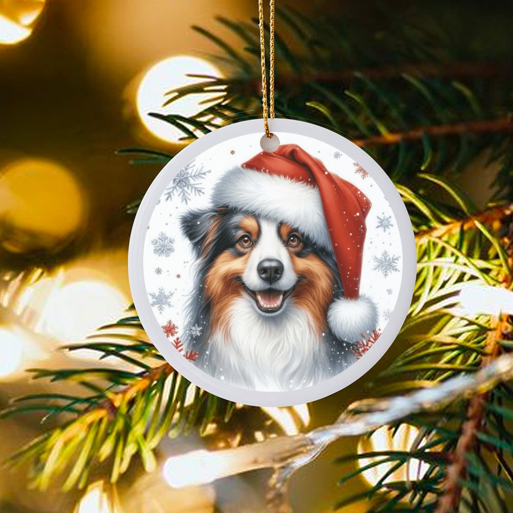 Santa Hat Aussie Dog Ornament, Australian Shepherd Christmas Ornament, Ceramic Australian Shepherd Ornament, Holiday Present 