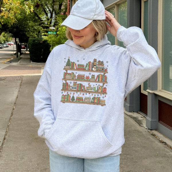 Comfy Festive Librarian Reading Sweatshirt, Christmas Book Shelf Hoodie, Holiday Book Lover Pullover, Booktok Xmas Hooded Swe
