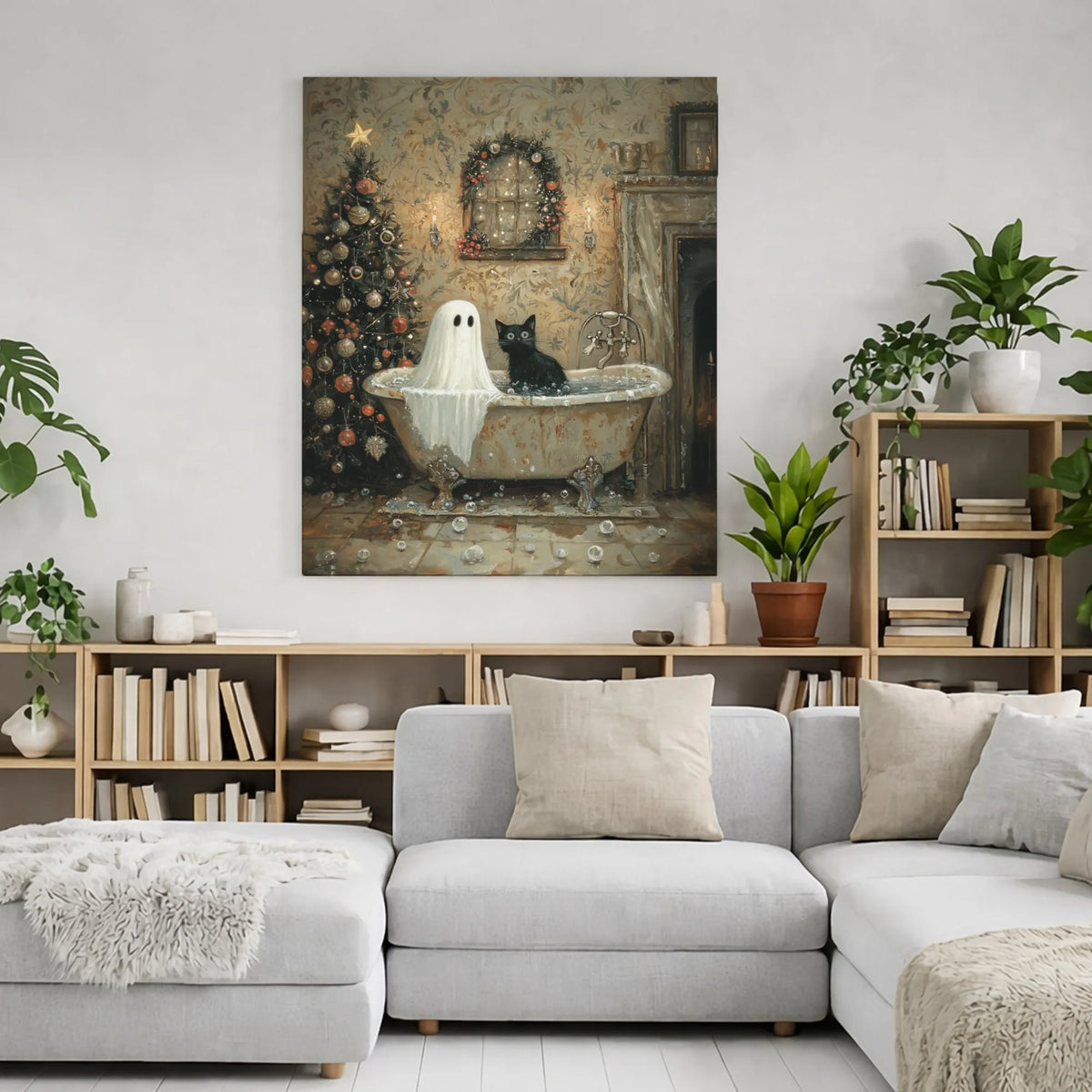 Whimsical Holiday Bath Canvas Print, Ghost and Black Cat Christmas Canvas Wall Art, Spooky Season Cat Canvas, Holiday Wall De