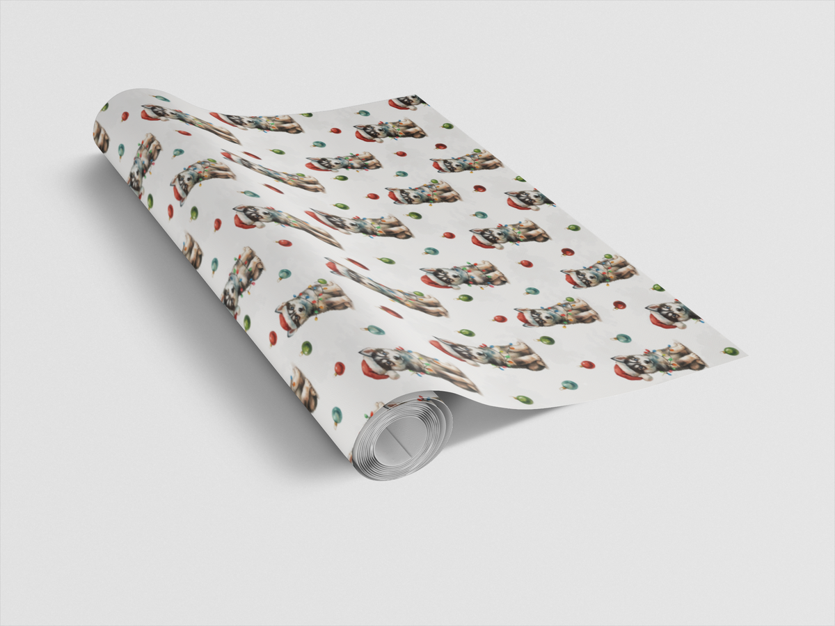 Santa Hat Puppy Gift Wrap, Husky Christmas Wrapping Paper, Watercolor Dog Present Wrap, Winter Holiday Husky Lover Present Pa