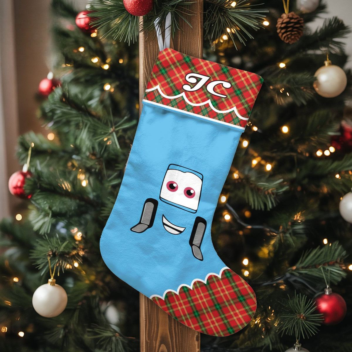 Personalized Plaid Christmas Stocking, Cartoon Car Christmas Stocking, Tartan Kids Holiday Stocking, Custom Name Christmas St