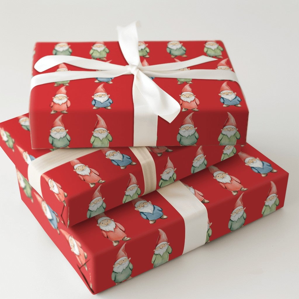 Watercolor Scandinavian Gift Wrap Roll, Red Christmas Gnome Wrapping Paper, Whimsical Holiday Present Paper, Nordic Winter Gi
