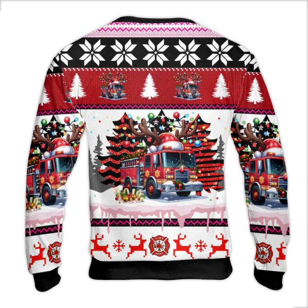 Fire Truck Holiday Sweatshirt, Firefighter Christmas Ugly Sweater, Reindeer Antlers Ugly Sweater, Festive Fireman Ugly Christ