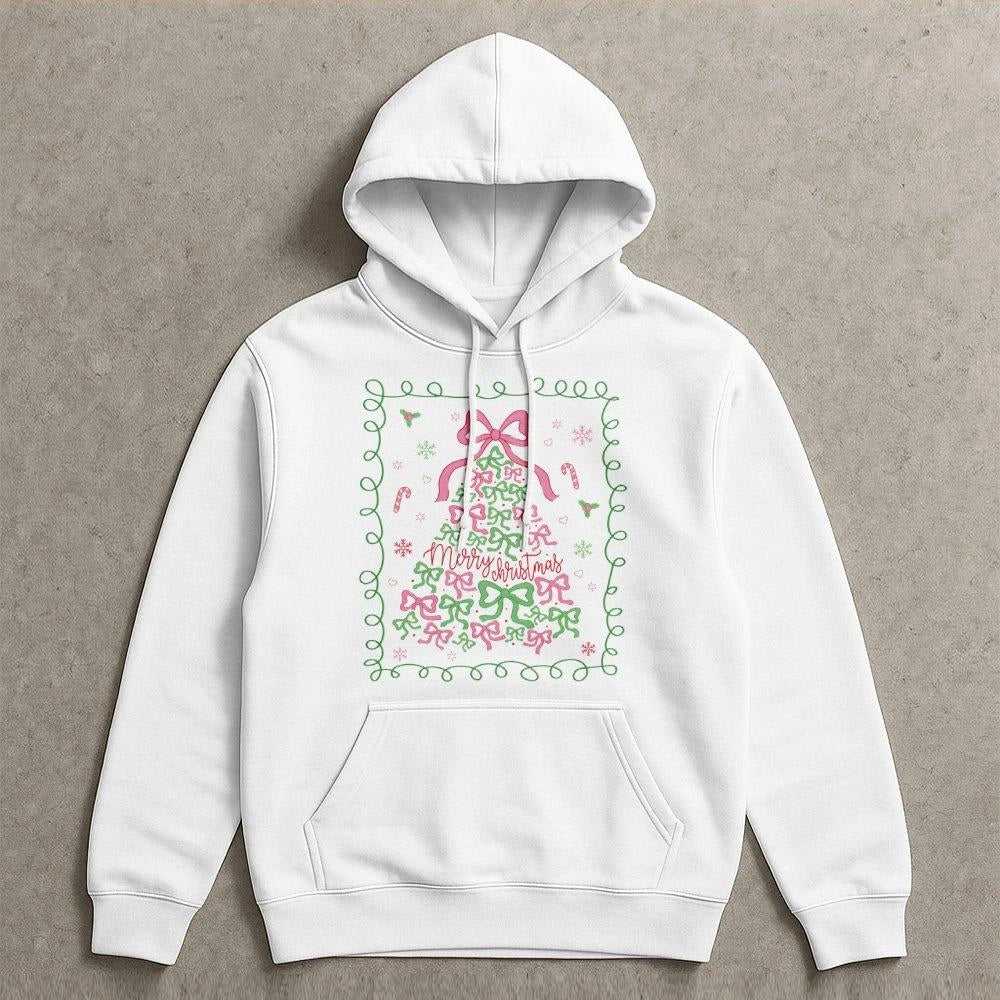 Pink Bow Aesthetic Winter Hoodie, Coquette Christmas Tree Hoodie, Merry Christmas Hooded Pullover, Adorable Holiday Girls Gra