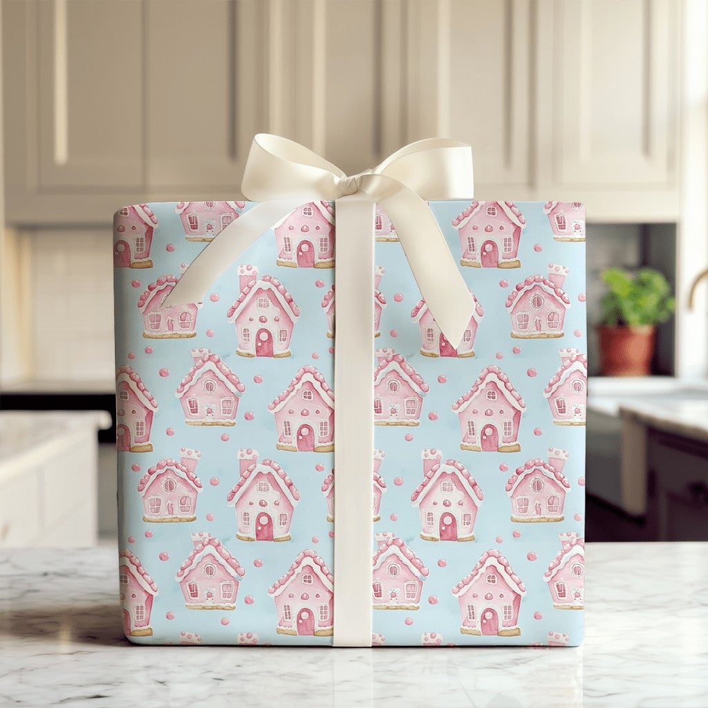 Pastel Christmas Wrapping Paper, Pink Gingerbread House Wrapping Paper, Watercolor Holiday Gift Wrap, Adorable Winter Present