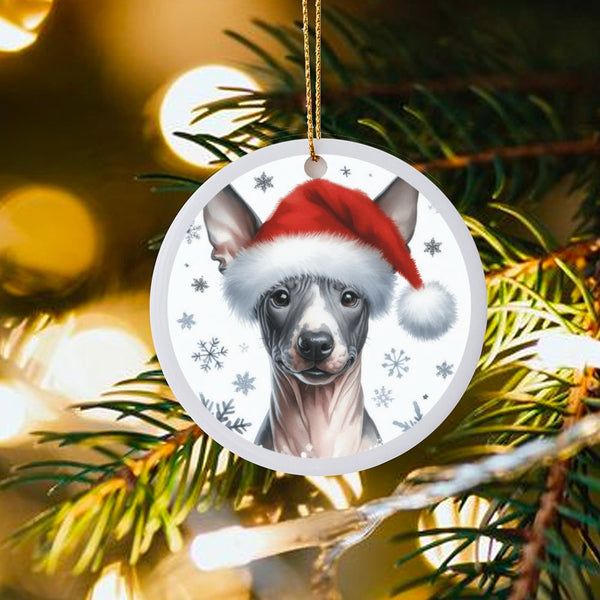 Santa Hat Dog Holiday Tree Keepsake, American Hairless Terrier Christmas Ornament, Ceramic Pet Decor, Dog Lover Christmas Pre