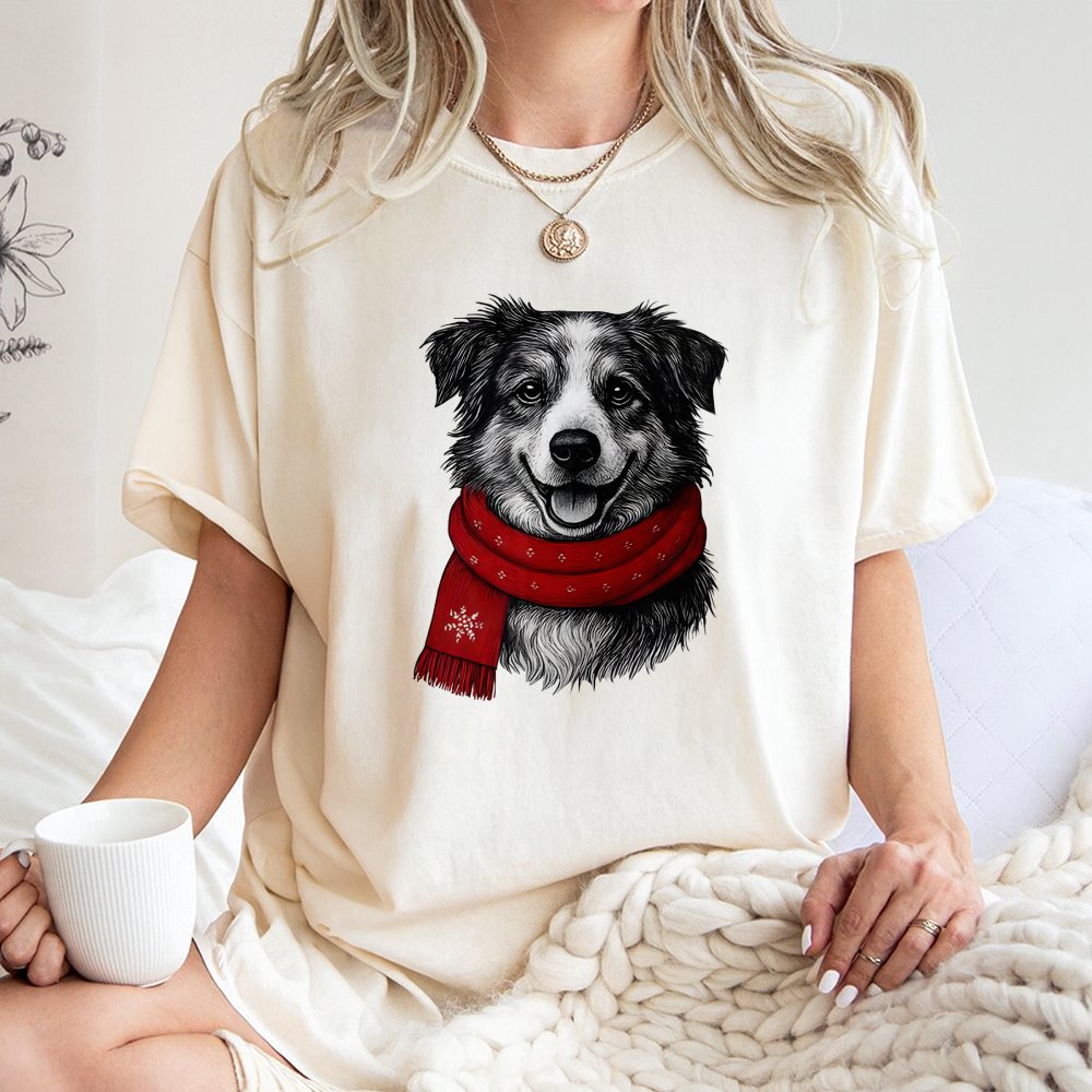 Adorable Winter Scarf Dog Graphic Tee, Border Collie Christmas Dog T-Shirt, Holiday Dog Lover Shirt, Festive Puppy Xmas T-Shi