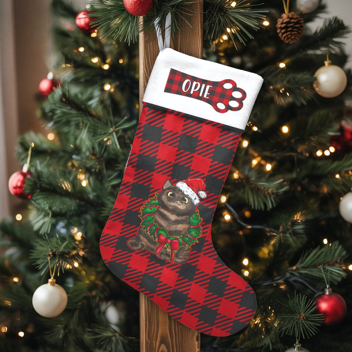 Red Buffalo Plaid Pet Stocking, Personalized Cat Christmas Stocking, Custom Cat Name Holiday Stocking, Pet Lover Xmas Mantle 