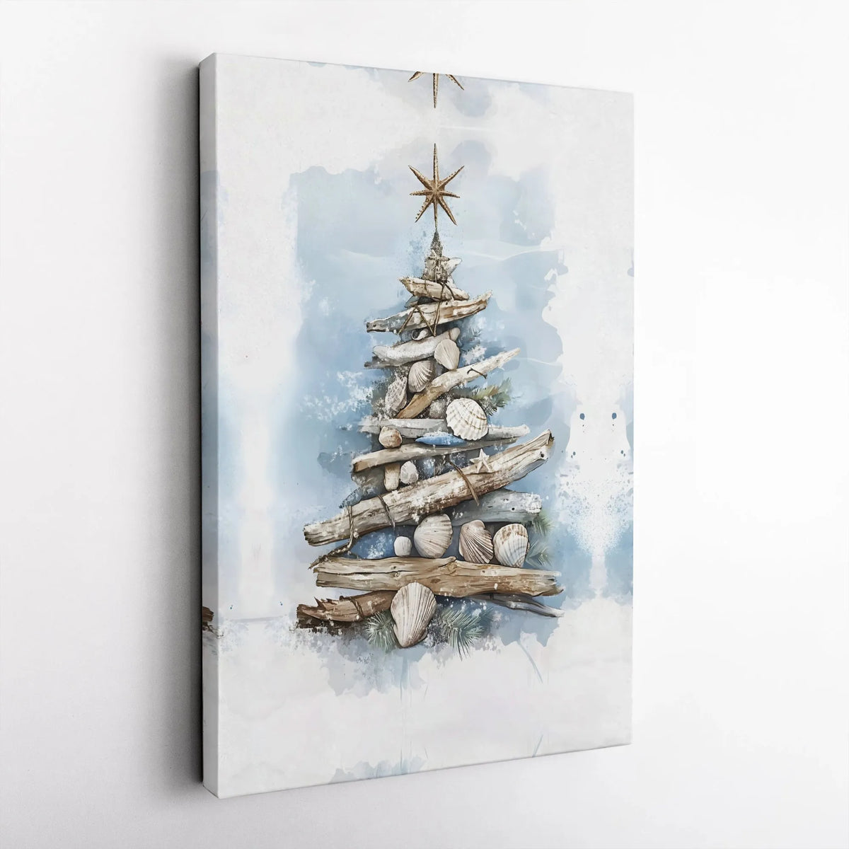 Driftwood Seashell Canvas Print, Coastal Christmas Tree Canvas Wall Art, Beachy Holiday Wall Decor, Nautical Christmas Canvas