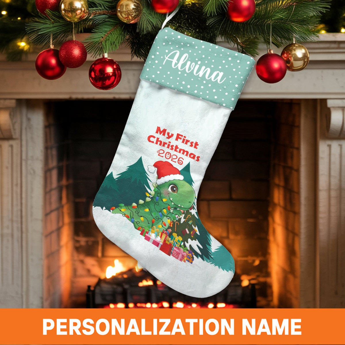 Baby First Christmas Stocking, Personalized Dinosaur Christmas Stocking, Custom Dino Holiday Stocking, Adorable Baby Keepsake