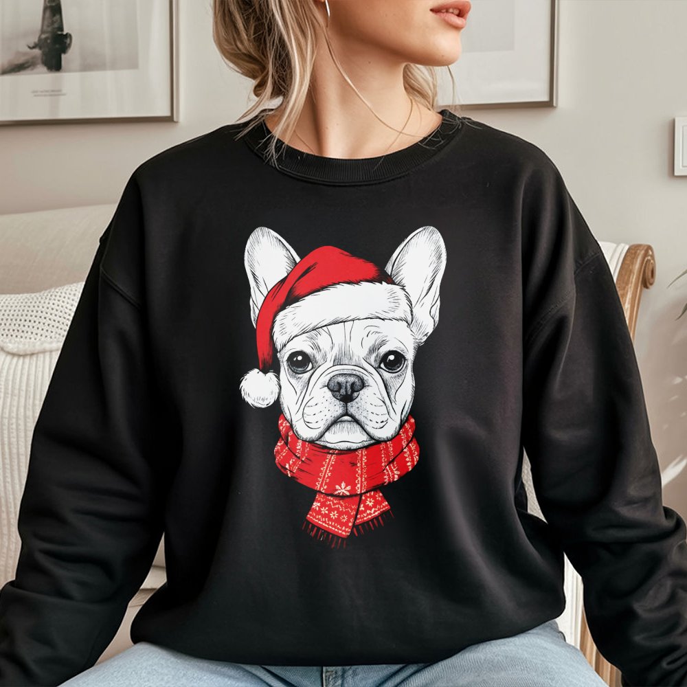 Santa Hat French Bulldog Crewneck, Frenchie Christmas Sweatshirt, Dog Holiday Pullover, Frenchie Xmas Sweatshirt