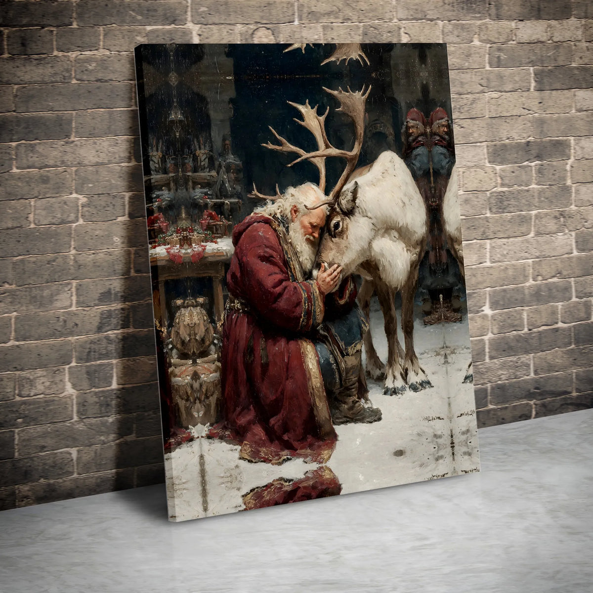 Winter Holiday Painting Canvas Print, Santa Claus and Reindeer Canvas Wall Art, Christmas Season Canvas Decor, Festive Holida