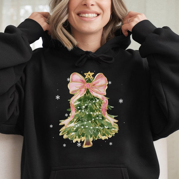 Coquette Bow Holiday Pullover, Watercolor Christmas Tree Hoodie, Aesthetic Winter Season Sweatshirt, Adorable Xmas Tree Hoodi