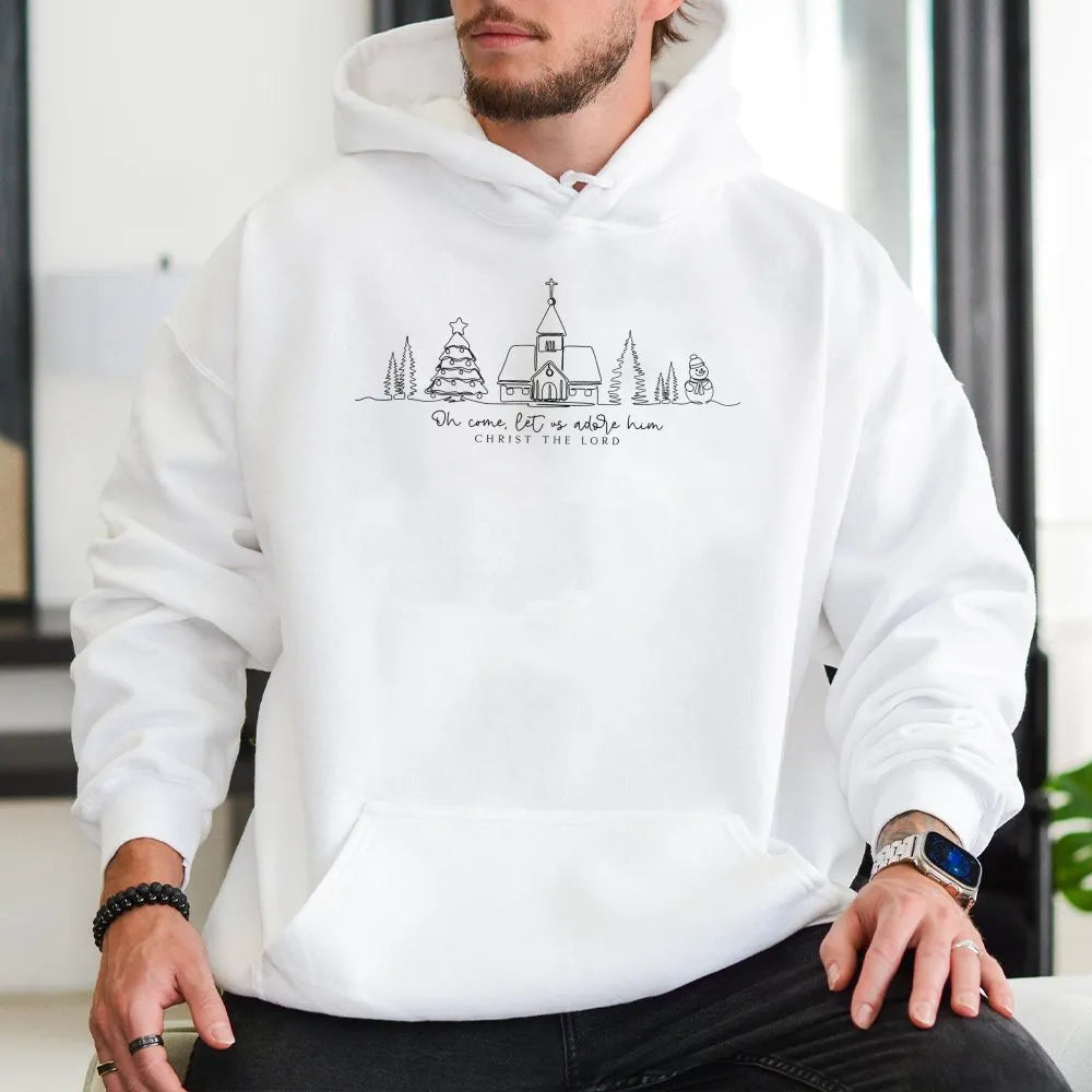 Minimalist Christian Christmas Hoodie, Oh Come Let Us Adore Him Hoodie, Line Art Faith Holiday Pullover, Nativity Religious C