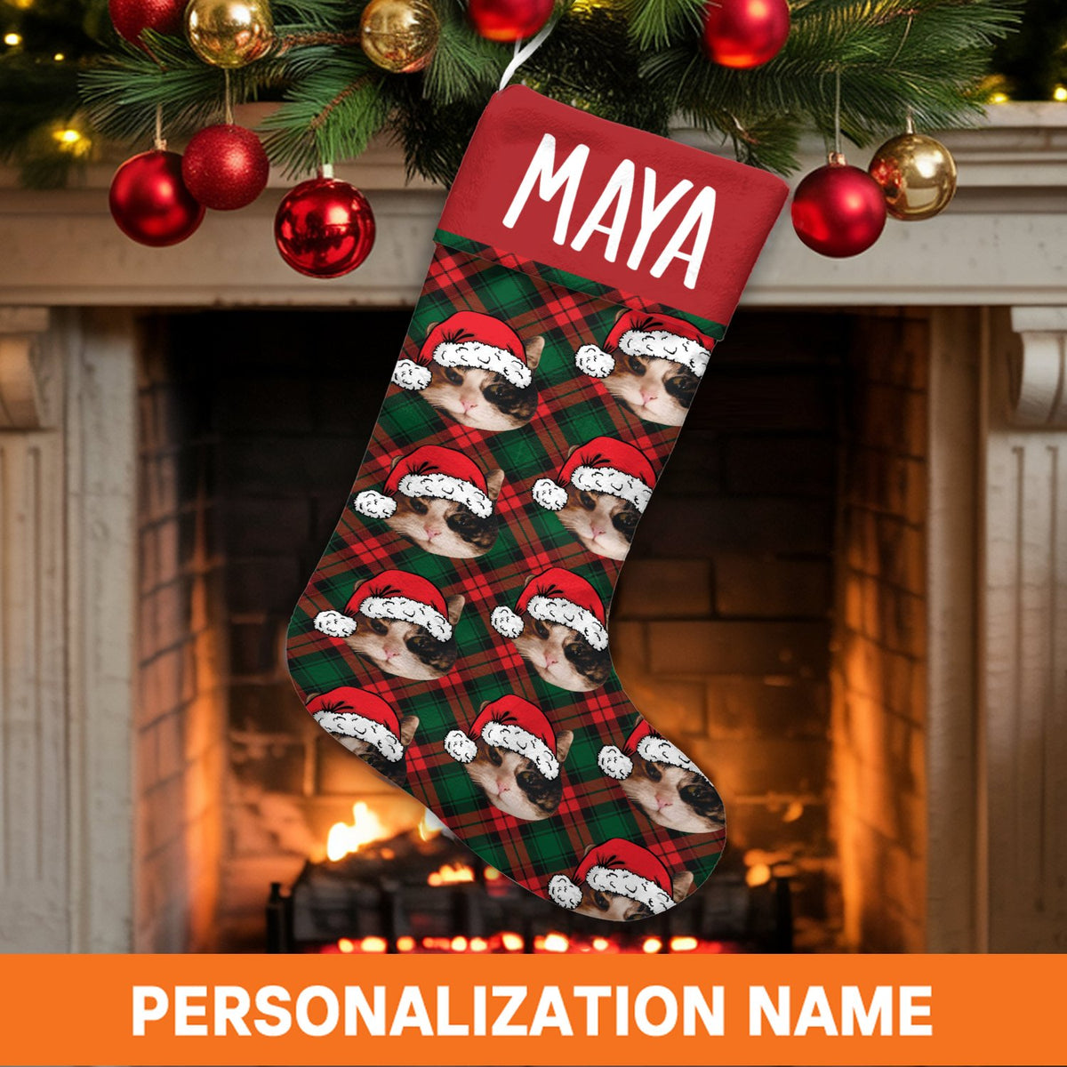 Custom Photo Pet Stocking, Personalized Cat Christmas Stocking, Velboa Holiday Stocking, Xmas Fireplace Decor, Pet Lover Chri