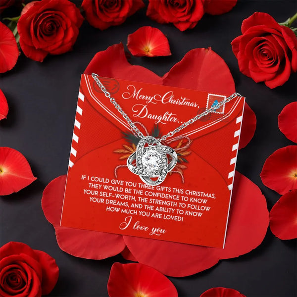 CZ Crystal Love Knot Necklace, Daughter Love Knot Necklace, Gold Knot Pendant, Sentimental Message Card Jewelry, Daughter Chr
